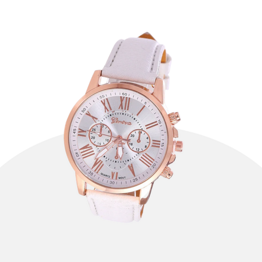 Stylish Geneva Women's Rose Gold White Watch with Leather Band