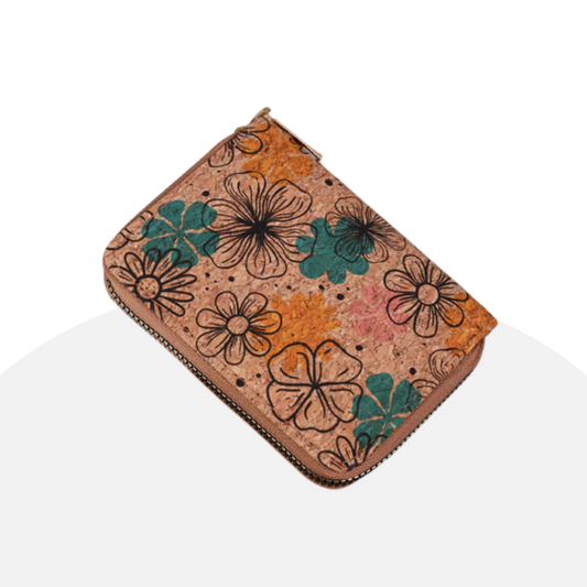 Eco-Friendly Cork Wallet with Floral Pattern & Zipper Closure