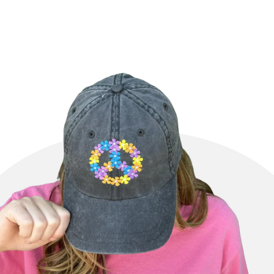 Embroidered Peace Sign Floral Cap - Vintage Washed, Adjustable