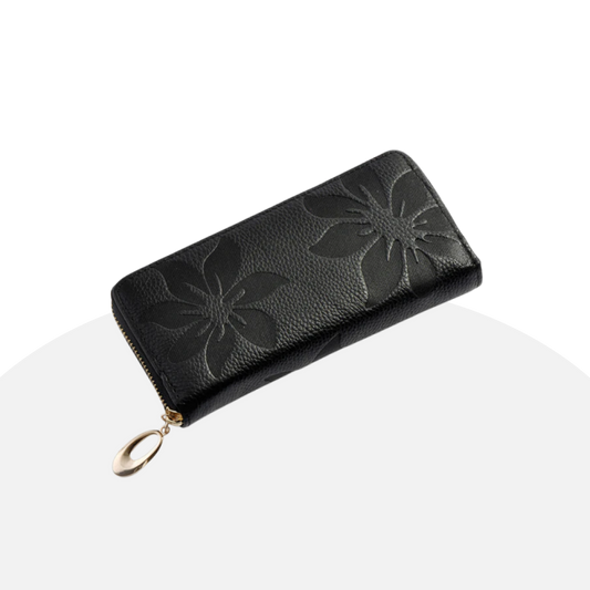 Elegant Black Leather Wallet with Floral Embossing & Zipper