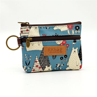 Cute Bear Print Mini Wallet - Double Zipper Coin Purse