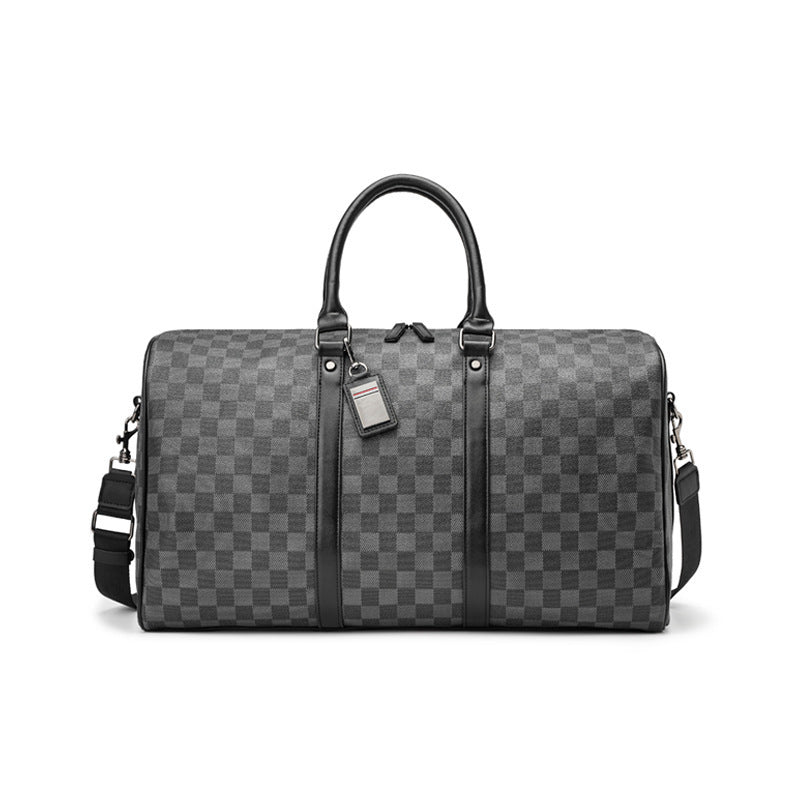 Checkered Leather Weekend Duffel Bag with Shoulder Strap