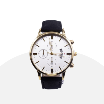 Classic Gold-Accented Watch with Black Leather Band - Timeless Style