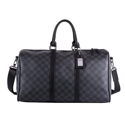 Checkered Leather Weekend Duffel Bag with Shoulder Strap