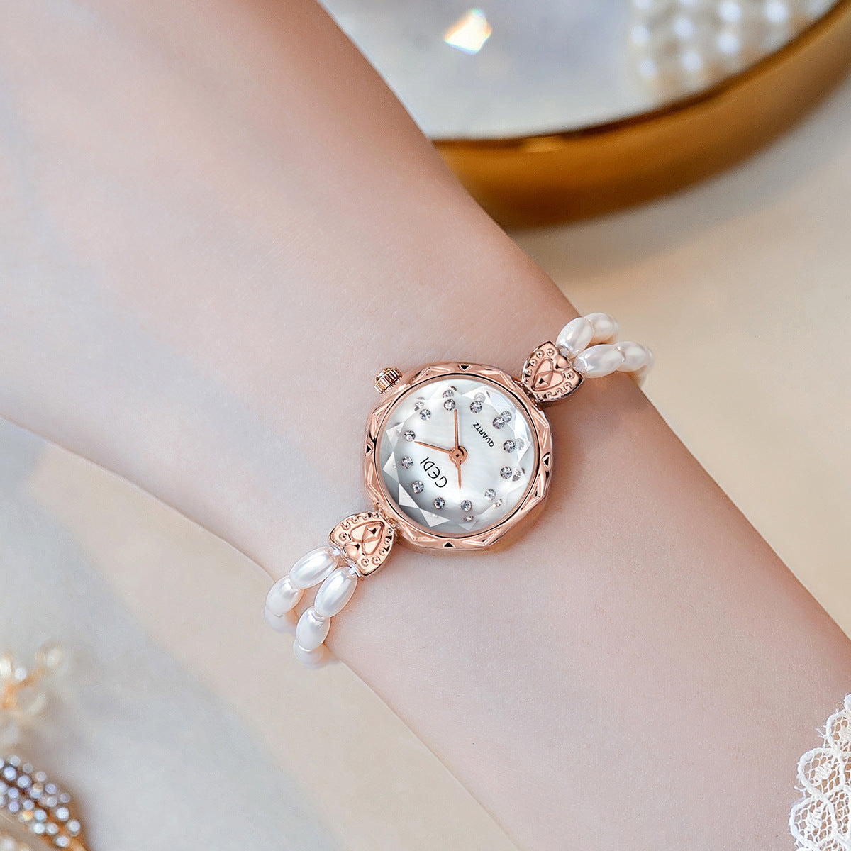 Elegant Gedi Women's Pearl Watch with Rose Gold Accents