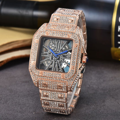 Iced-Out Rose Gold Men's Watch Diamond Luxury Skeleton Automatic