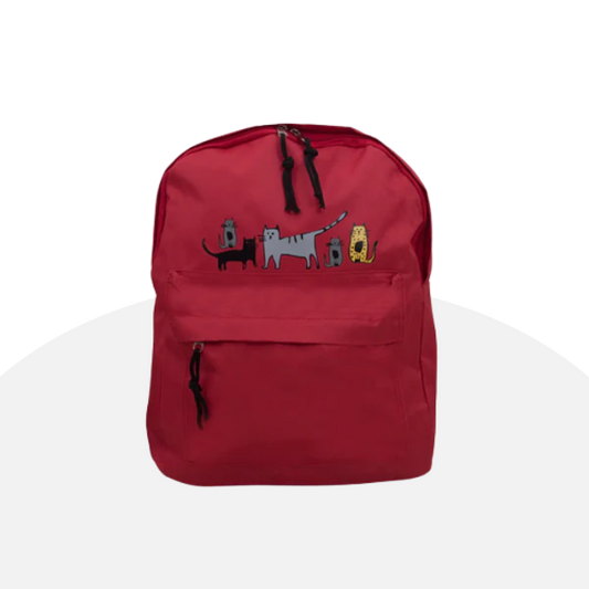 Playful Cat Parade Backpack - Vibrant Red with Whimsical Design