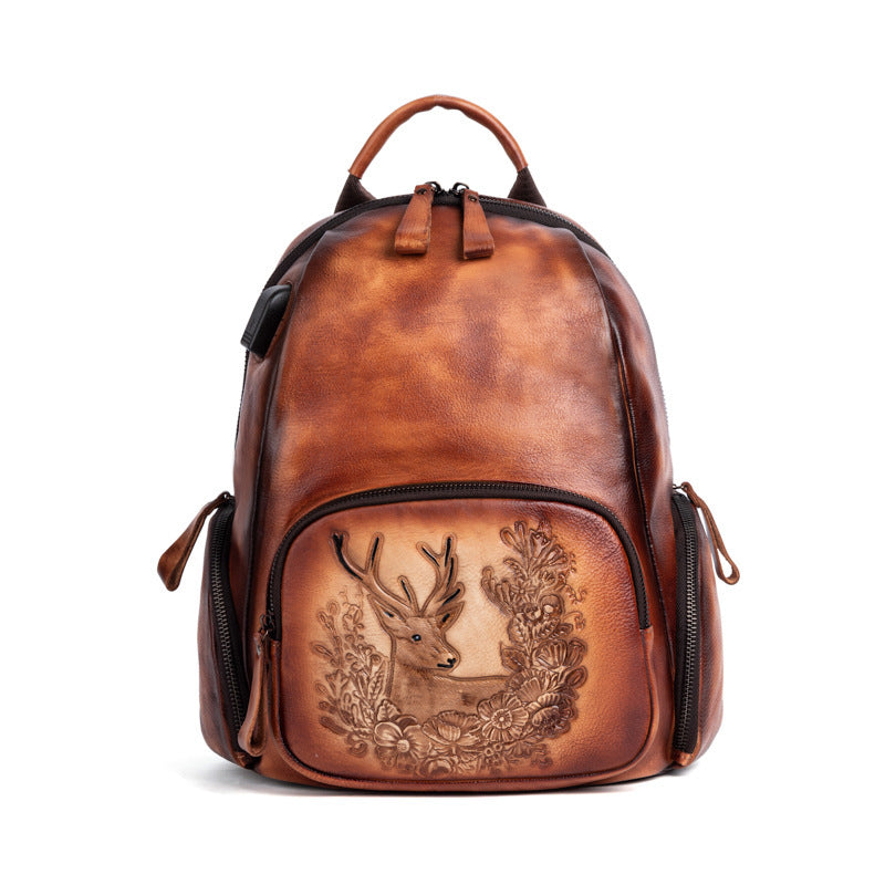 Vintage Leather Backpack - Handcrafted Deer Embossing, Rustic Charm