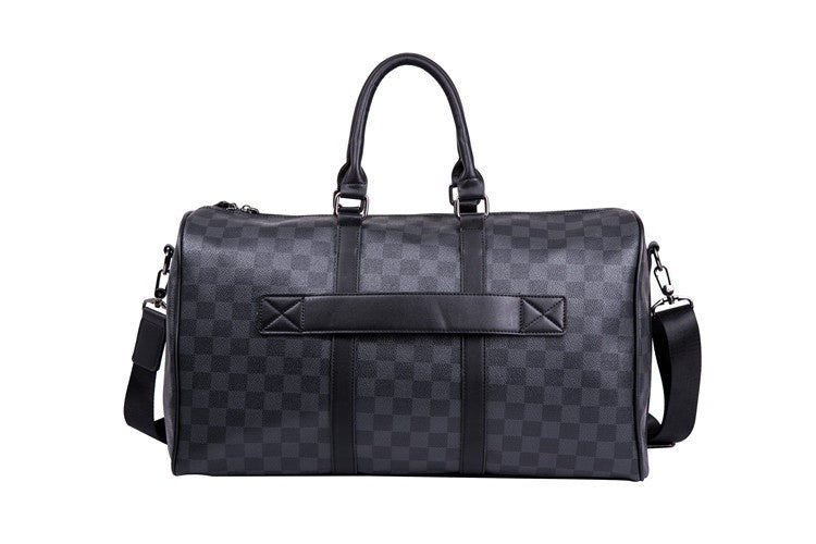 Checkered Leather Weekend Duffel Bag with Shoulder Strap