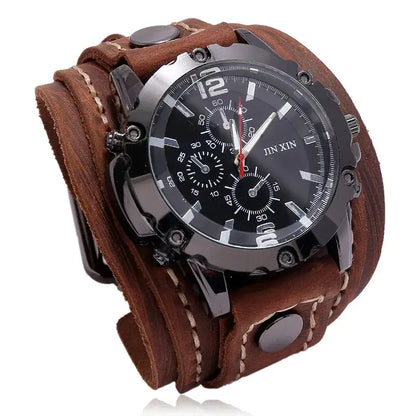 JIN XIN Men's Vintage Leather Cuff Watch - Chronograph, Rugged Style