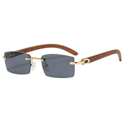 Luxe Rimless Sunglasses - Wood Temples, Gold Accents, UV Protection