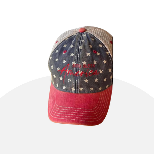 Patriotic Trucker Hat - God Bless America, Stars & Stripes Design