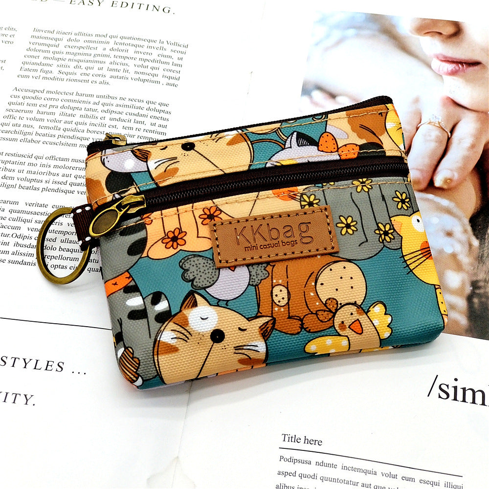 Cute Bear Print Mini Wallet - Double Zipper Coin Purse