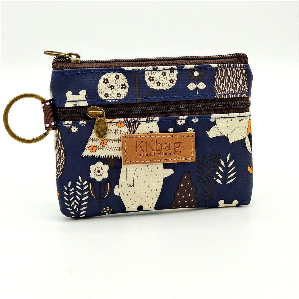 Cute Bear Print Mini Wallet - Double Zipper Coin Purse