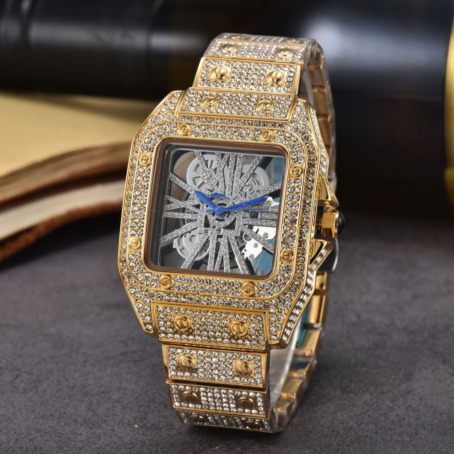 Iced-Out Rose Gold Men's Watch Diamond Luxury Skeleton Automatic