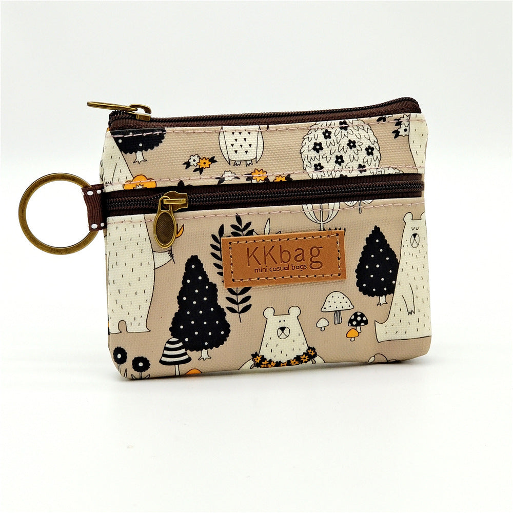 Cute Bear Print Mini Wallet - Double Zipper Coin Purse