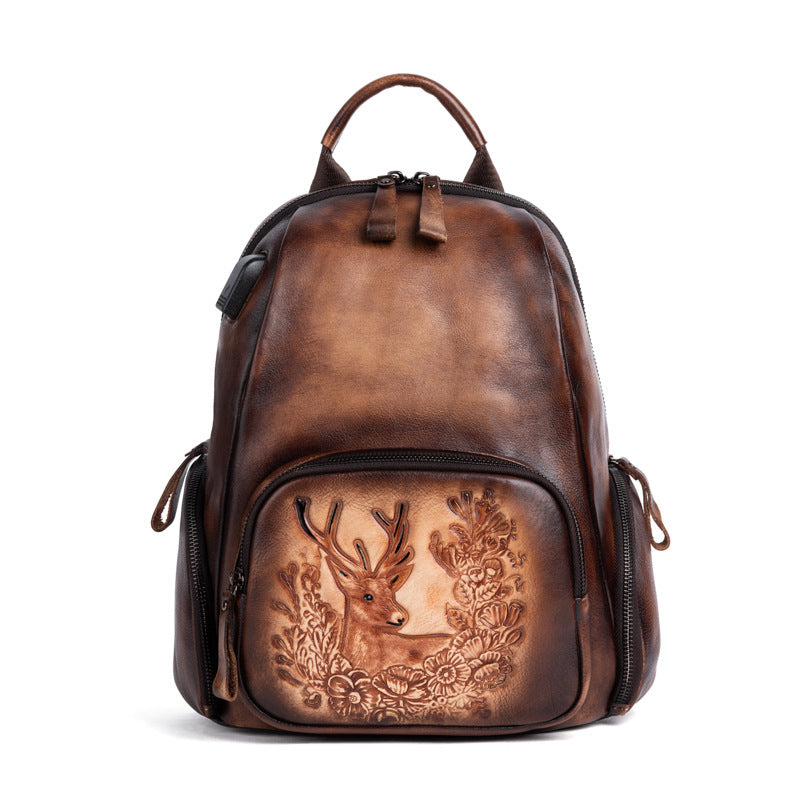 Vintage Leather Backpack - Handcrafted Deer Embossing, Rustic Charm