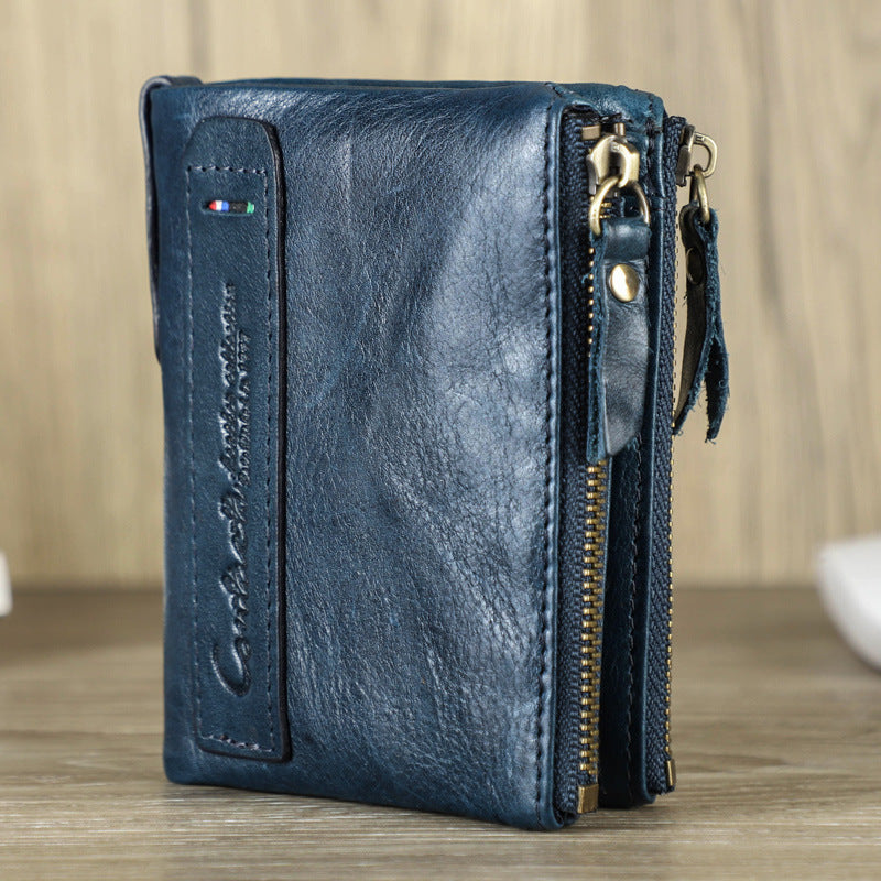 Genuine Leather Men's Wallet with Multiple Zippered Pockets