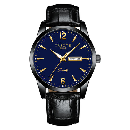 Classic TRSOYE Men's Watch - Blue Dial, Leather Strap, Quartz Movement