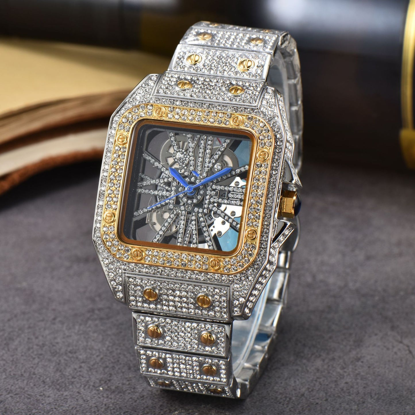 Iced-Out Rose Gold Men's Watch Diamond Luxury Skeleton Automatic