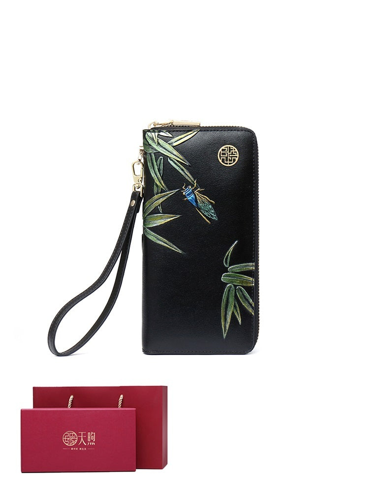 Hand-Painted Leather Clutch Wallet - Bamboo & Cicada Design, Elegant & Unique