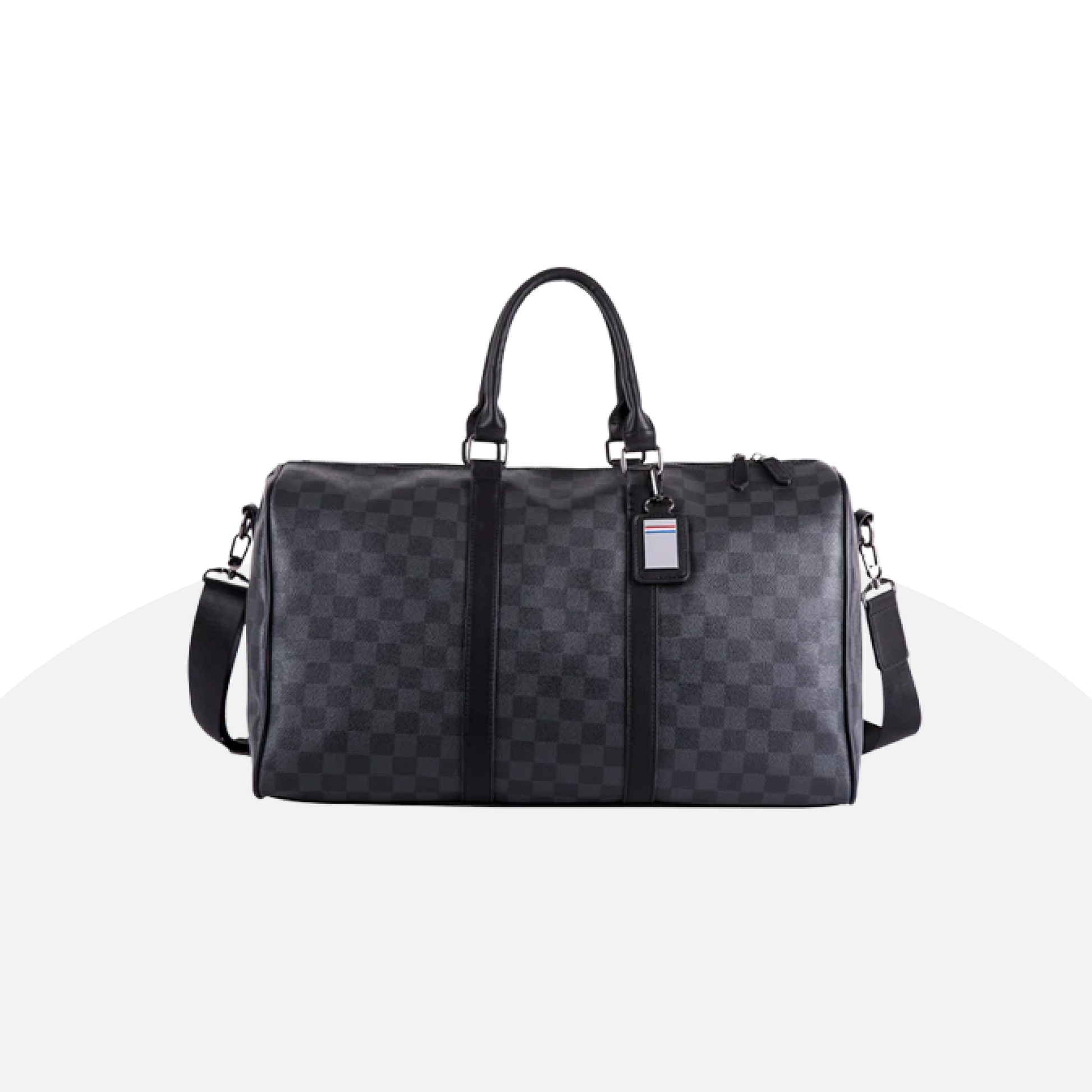 Checkered Leather Weekend Duffel Bag with Shoulder Strap