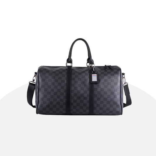 Checkered Leather Weekend Duffel Bag with Shoulder Strap