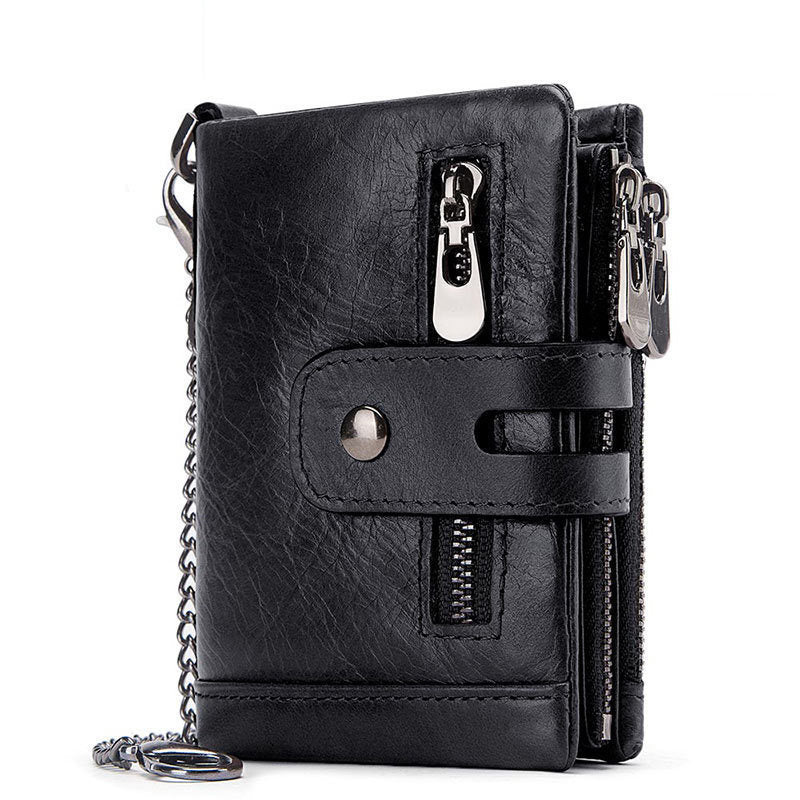 Genuine Leather Men's Wallet with Chain, Multiple Zipper Pockets