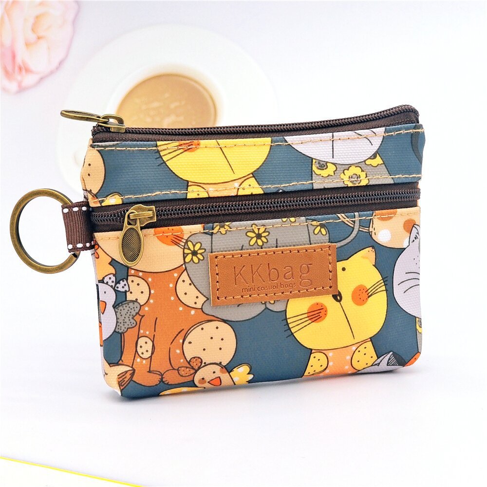 Cute Bear Print Mini Wallet - Double Zipper Coin Purse