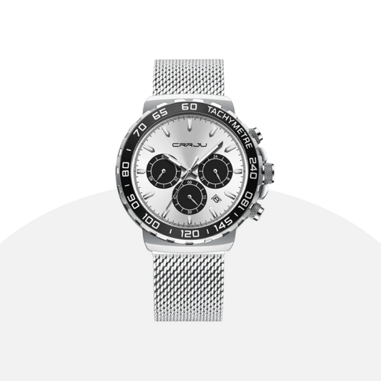 CRRJU Men's Chronograph Watch - Silver Stainless Steel, Sporty Elegance