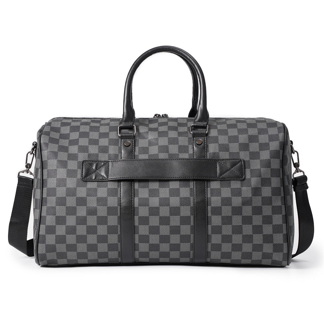 Checkered Leather Weekend Duffel Bag with Shoulder Strap