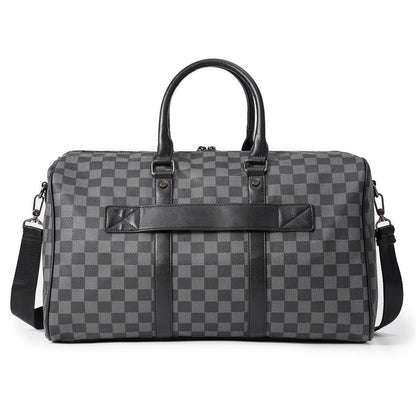 Checkered Leather Weekend Duffel Bag with Shoulder Strap