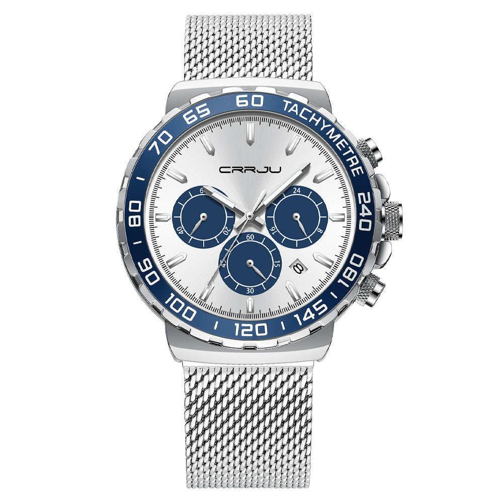 CRRJU Men's Chronograph Watch - Silver Stainless Steel, Sporty Elegance