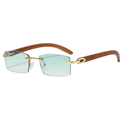 Luxe Rimless Sunglasses - Wood Temples, Gold Accents, UV Protection