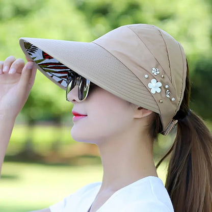 Elegant Pearl Flower Sun Visor - Wide Brim UV Protection