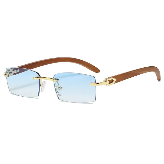 Luxe Rimless Sunglasses - Wood Temples, Gold Accents, UV Protection