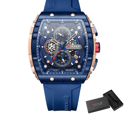 Curren Sporty Chronograph Watch: Blue & Rose Gold, Silicone Strap