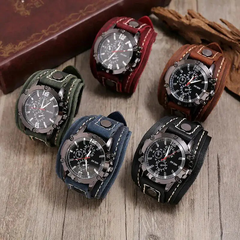 JIN XIN Men's Vintage Leather Cuff Watch - Chronograph, Rugged Style