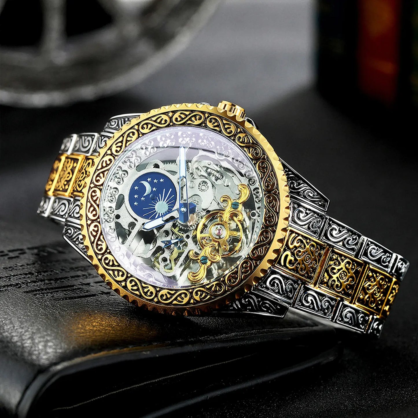 Exquisite Forsining Automatic Watch: Skeleton Dial, Moon Phase, Gold Accents