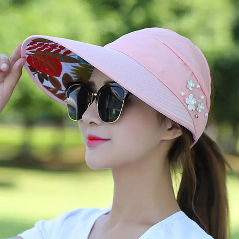 Elegant Pearl Flower Sun Visor - Wide Brim UV Protection