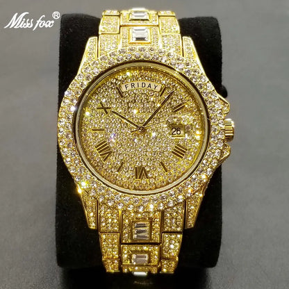 ICEDIAMOND 43MM: Luxurious Iced-Out Gold Watch with Date Display