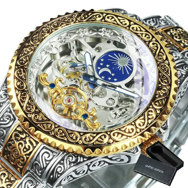 Exquisite Forsining Automatic Watch: Skeleton Dial, Moon Phase, Gold Accents