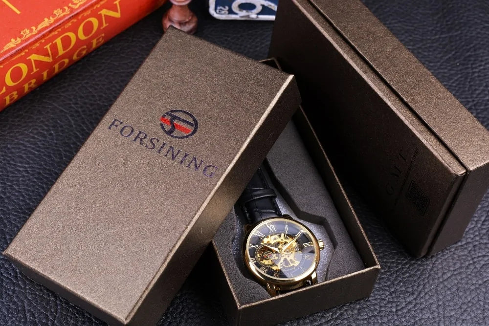 Forsining Men's Automatic Watch: Skeleton Dial, Gold-Tone, Leather Strap