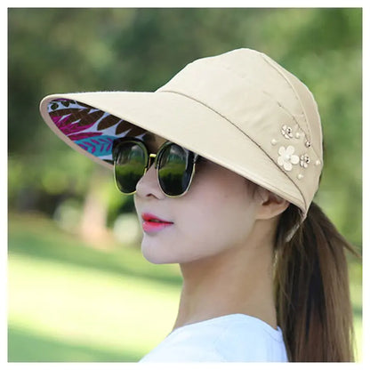 Elegant Pearl Flower Sun Visor - Wide Brim UV Protection