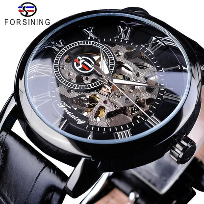 Forsining Men's Automatic Watch: Skeleton Dial, Gold-Tone, Leather Strap