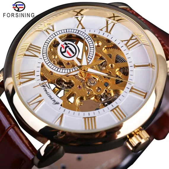 Forsining Men's Automatic Watch: Skeleton Dial, Gold-Tone, Leather Strap