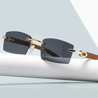 Luxe Rimless Sunglasses - Wood Temples, Gold Accents, UV Protection