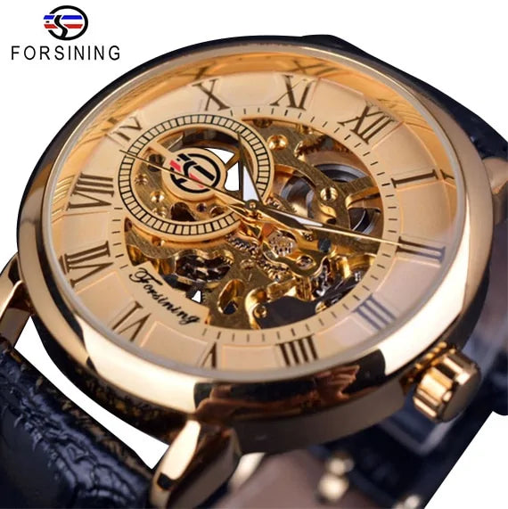 Forsining Men's Automatic Watch: Skeleton Dial, Gold-Tone, Leather Strap