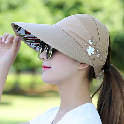 Elegant Pearl Flower Sun Visor - Wide Brim UV Protection