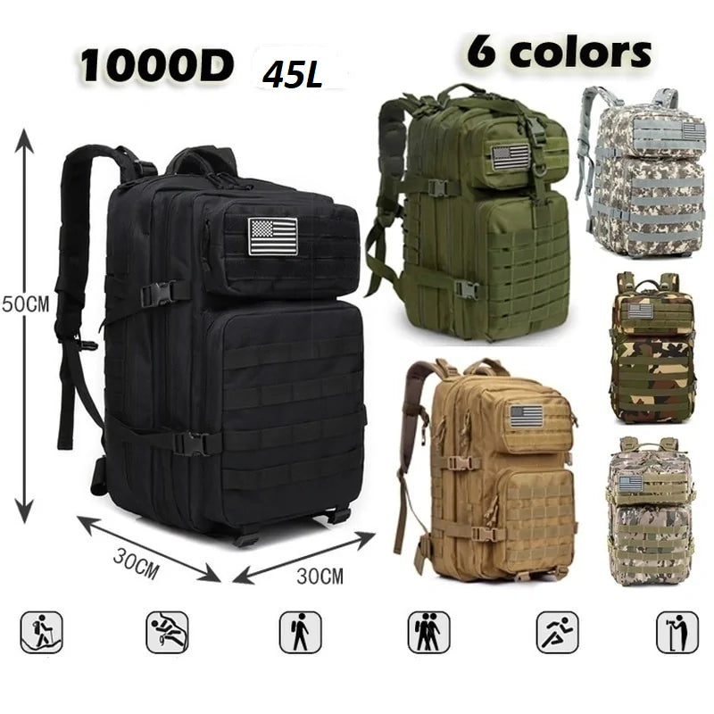 45L Tactical Military Backpack - 1000D Durable, MOLLE System, 6 Colors